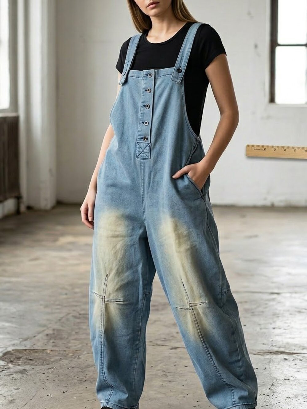 Chartou Baggy Denim Overalls Womens XL Blue Jean Jumpsuit Streetwear Y2K Boho